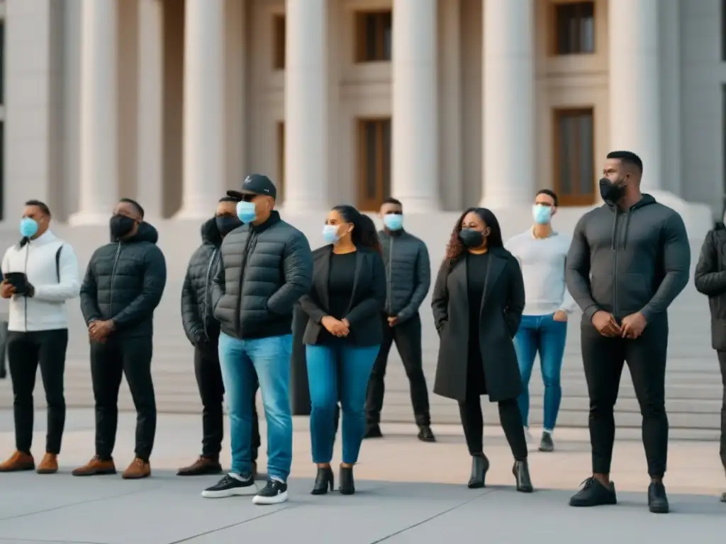Unidos y determinados, diferentes personas cumplen normativas de seguridad en crisis, haciendo fila afuera de un edificio gubernamental