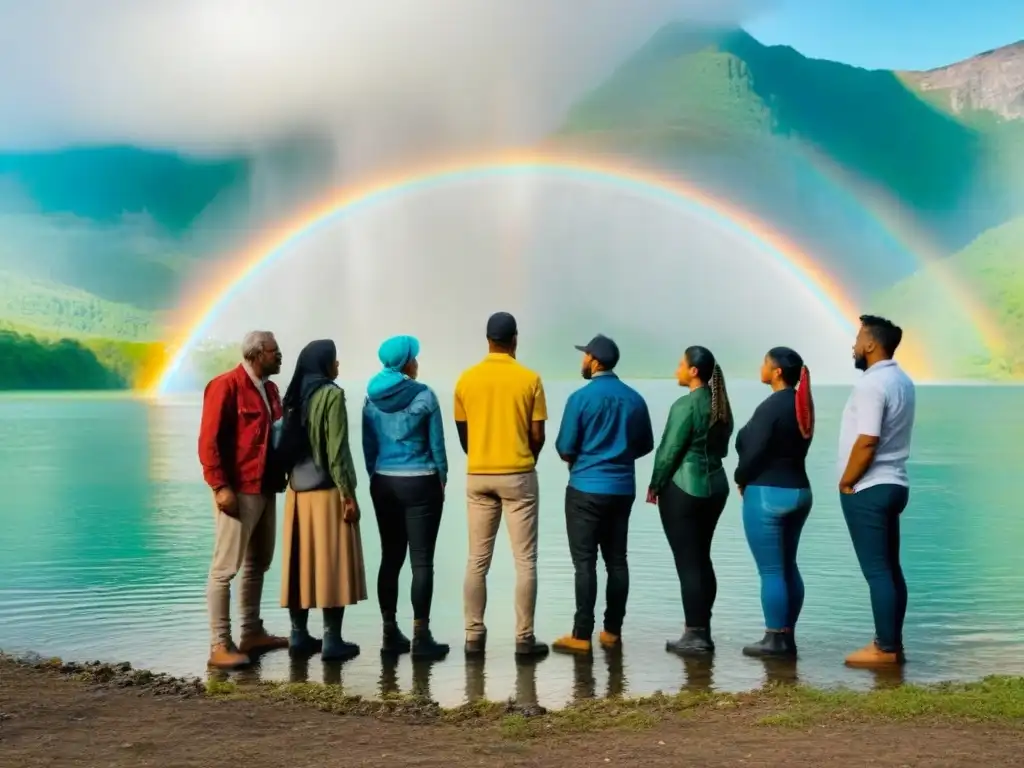 Unidos por la Conservación de Recursos Hídricos: diversidad cultural frente al lago con montañas verdes y arcoíris