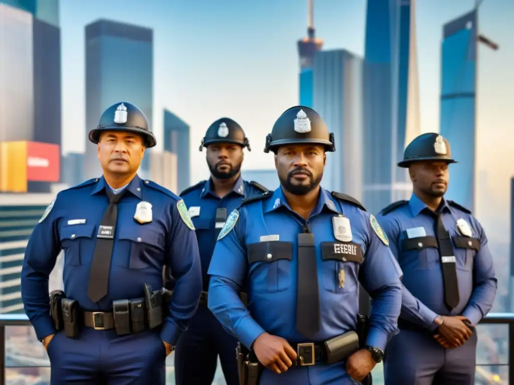 Unidos por la Reforma de Seguridad Pública Internacional: oficiales de distintos países frente a rascacielos, simbolizando cooperación global