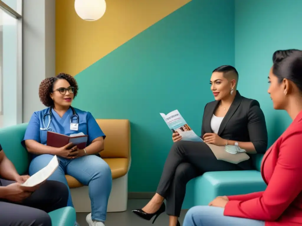 Diversidad LGBTQ+ en clínica: inclusión y apoyo en Centroamérica Variedad LGBTQ+ en sala de espera médica en Centroamérica con legislación LGBTQ+ servicios médicos