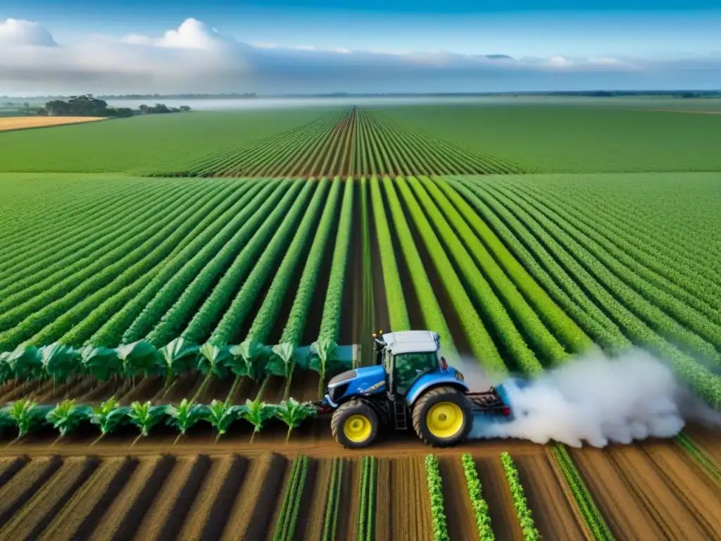 Contraste natural y químico en plantación de soja en Sudamérica Un vasto campo de soja bajo un cielo nublado en Sudamérica