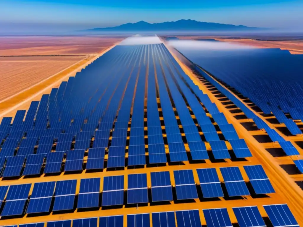 Granja solar en el desierto mexicano: potencia renovable Un vasto campo solar en el desierto mexicano, con paneles brillantes bajo el sol intenso y turbinas eólicas al fondo