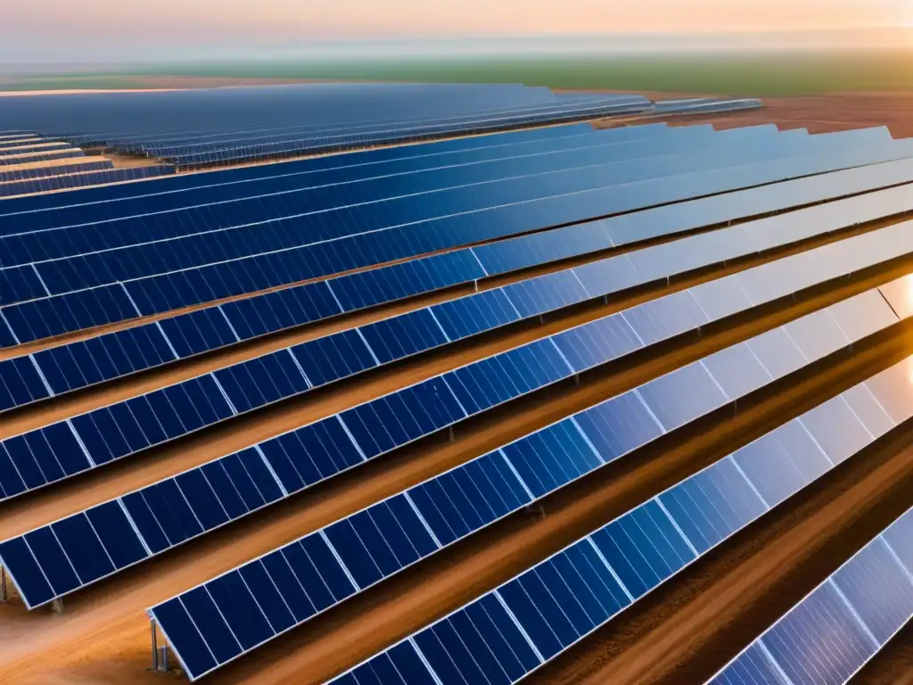 Desierto solar brillante: energía sustentable en México Un vasto campo solar en el desierto mexicano, con paneles relucientes bajo el cielo azul