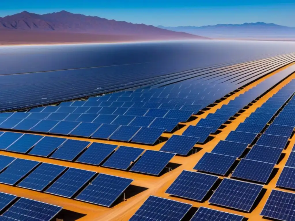 Vasto campo solar en desierto mexicano reflejando luz sobre arena, montañas al fondo