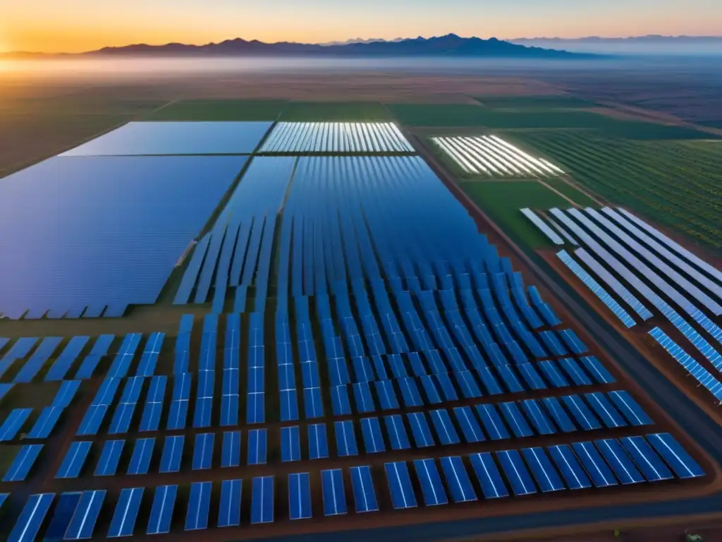 Un vasto campo solar en el desierto mexicano, con paneles brillantes bajo el cielo azul