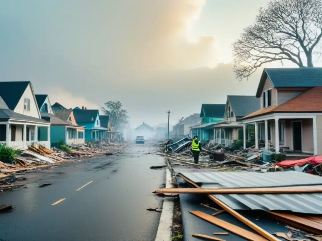 Desastre natural en vecindario: urgencia y protección Vecindario devastado por desastre natural, casas dañadas y escombros