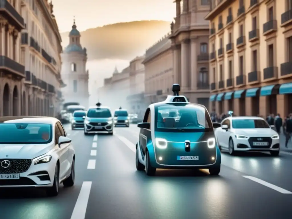 Escena futurista: Vehículos autónomos en las calles de España Intersección con vehículos autónomos en España cumpliendo las regulaciones vehículos autónomos España