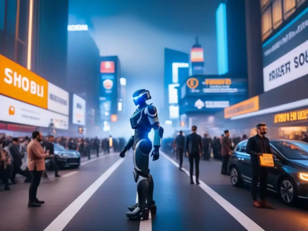 Metrópolis futurista: IA y humanos en armonía Vibrante ciudad futurista con drones y robots AI junto a humanos, equilibrando tecnología y sociedad