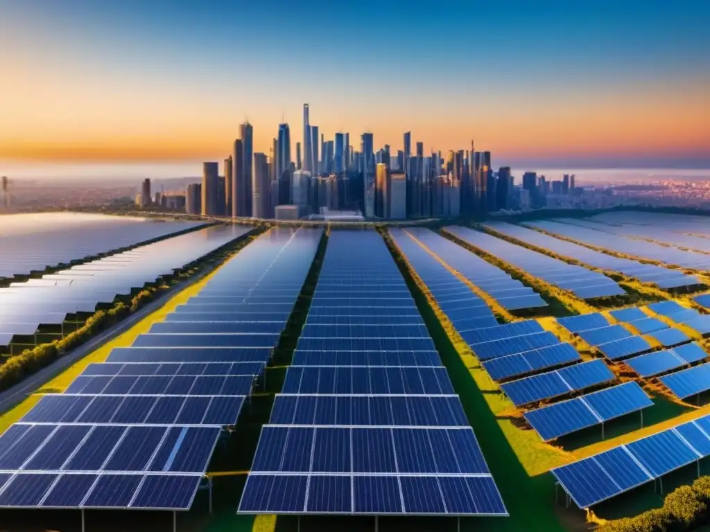 Metrópolis sostenible: paneles solares en skyline urbano Vibrante ciudad con paneles solares en cada edificio, reflejando los rayos dorados del sol bajo cielos azules