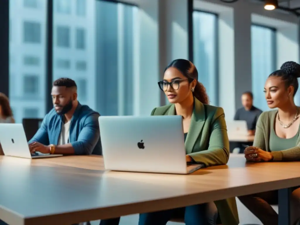 Un vibrante coworking con trabajadores remotos diversos concentrados en sus laptops