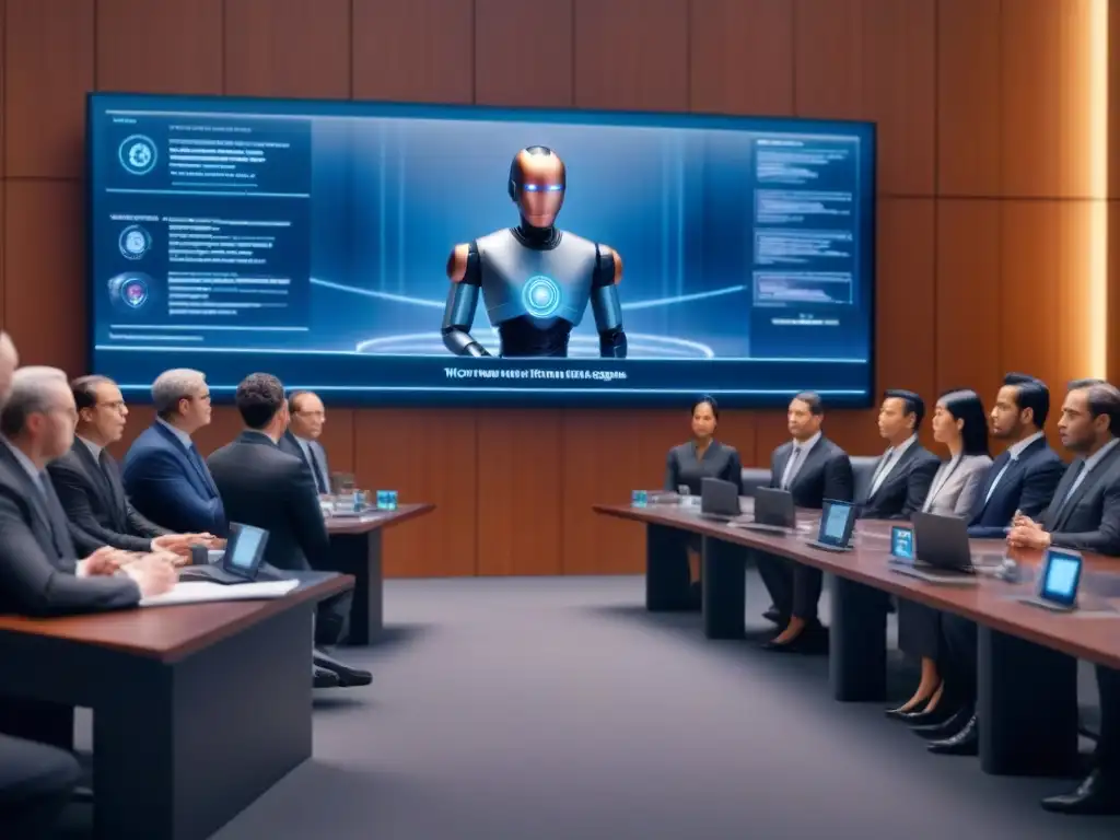 Debate legal futurista sobre inteligencia artificial Vibrante debate entre abogados y jueces por la regulación de la IA en un tribunal futurista