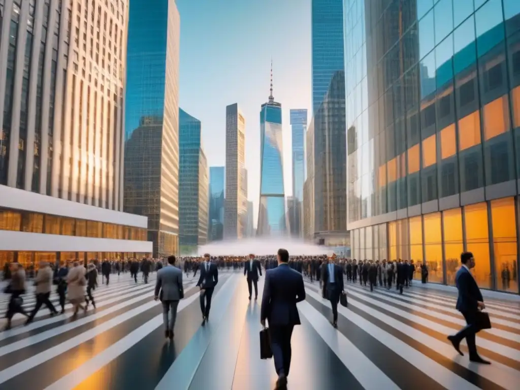 Finanzas globales 2021: Fusión de tradición y tecnología Un vibrante distrito financiero global 2021: profesionales debaten documentos y gráficos entre rascacielos y fintechs