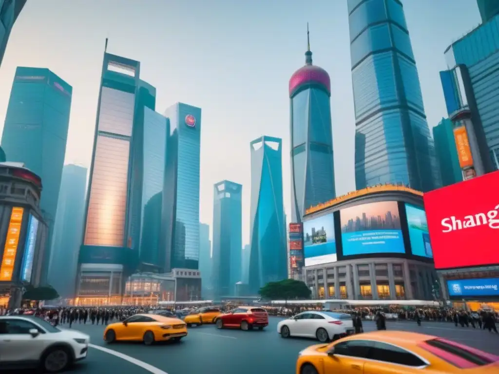 Distrito financiero de Shanghai: poder económico y progreso Vibrante distrito financiero en Shanghai con rascacielos modernos y bulliciosa intersección