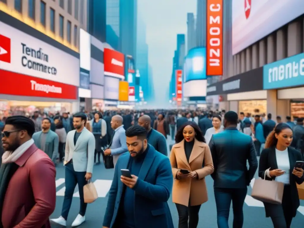 Vibrante escena de ciudad con personas en sus dispositivos electrónicos