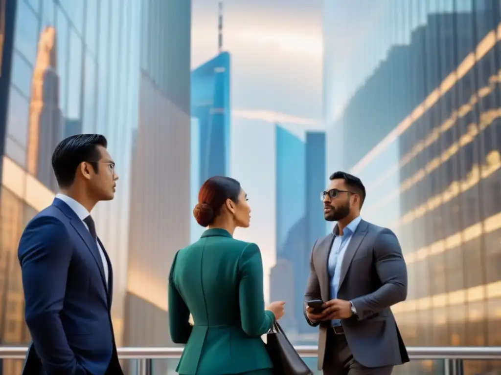 Centro financiero global: dinamismo y colaboración empresarial Vibrante escena de un distrito financiero con profesionales debatiendo, simbolizando las regulaciones financieras globales 2021