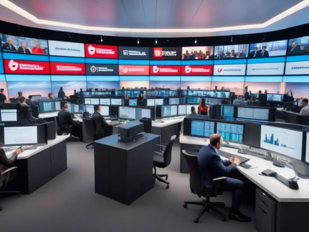 Un vibrante espacio de redacción con periodistas inmersos en sus computadoras, periódicos y micrófonos esparcidos, una pantalla digital con noticias de última hora, un diverso grupo de reporteros en animadas discusiones, capturando la esencia de un entorno mediático dinámico, moldeado por la