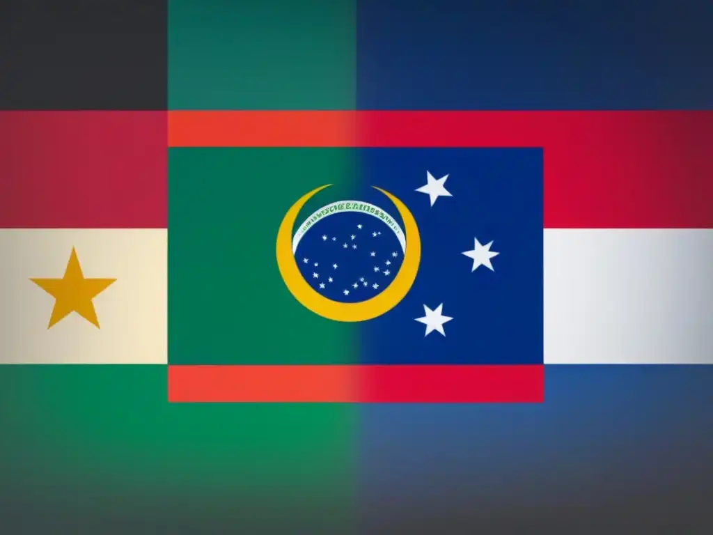 Bandera de la IA: Tecnología y leyes entrelazadas en América Latina Un vibrante mosaico de banderas latinoamericanas entrelazadas con patrones de circuitos, simbolizando la fusión de tecnología y marcos legales en las leyes de IA de la región