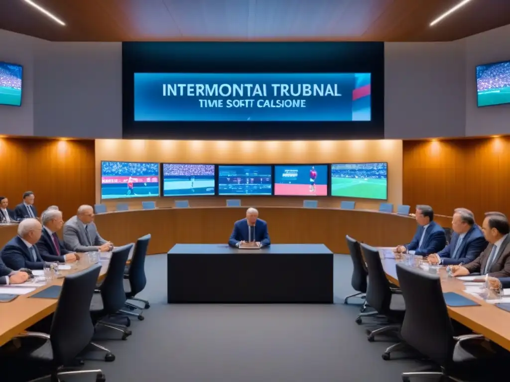 Vibrante tribunal deportivo internacional resolviendo disputas con intensidad y enfoque