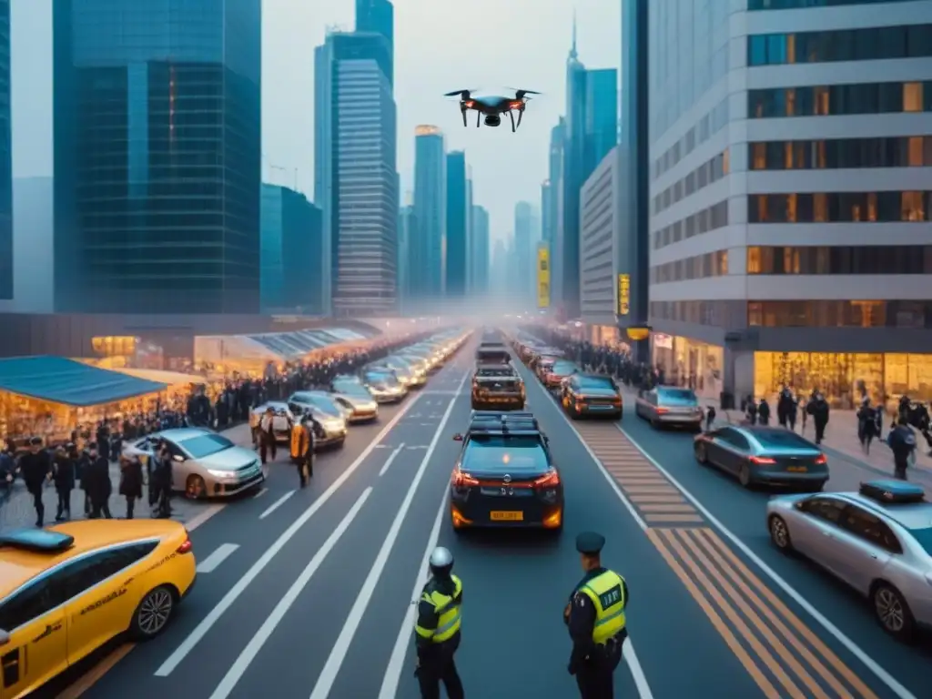 Vista aérea de área urbana con dron, operador y regulaciones legales drones áreas pobladas