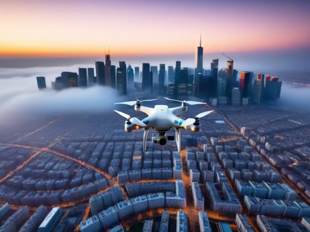 Vista aérea de una ciudad bulliciosa con drones y regulaciones legales en áreas pobladas