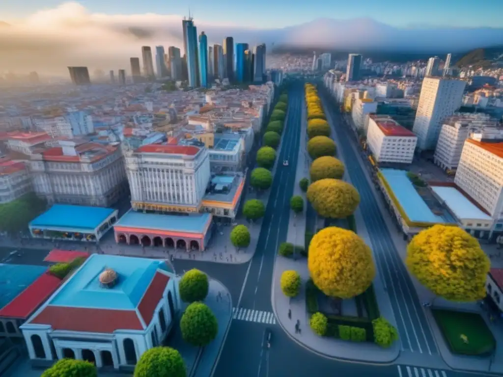 Vibrante ciudad del Cono Sur: paisaje urbano con rascacielos y juzgado Vista aérea de ciudad en Cono Sur, con rascacielos, calles llenas de gente y un juzgado destacado