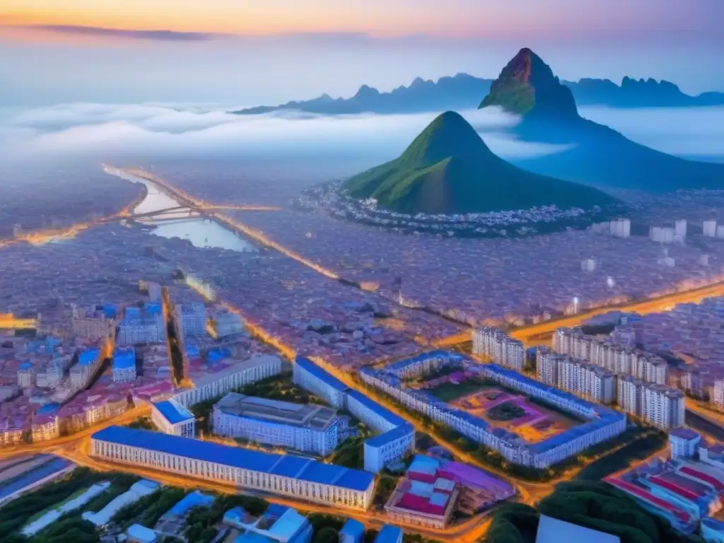 Integración de salud y ciudad en el Cono Sur Vista aérea de una ciudad en el Cono Sur con hospitales modernos y vida urbana vibrante integrando acceso universal salud Cono Sur