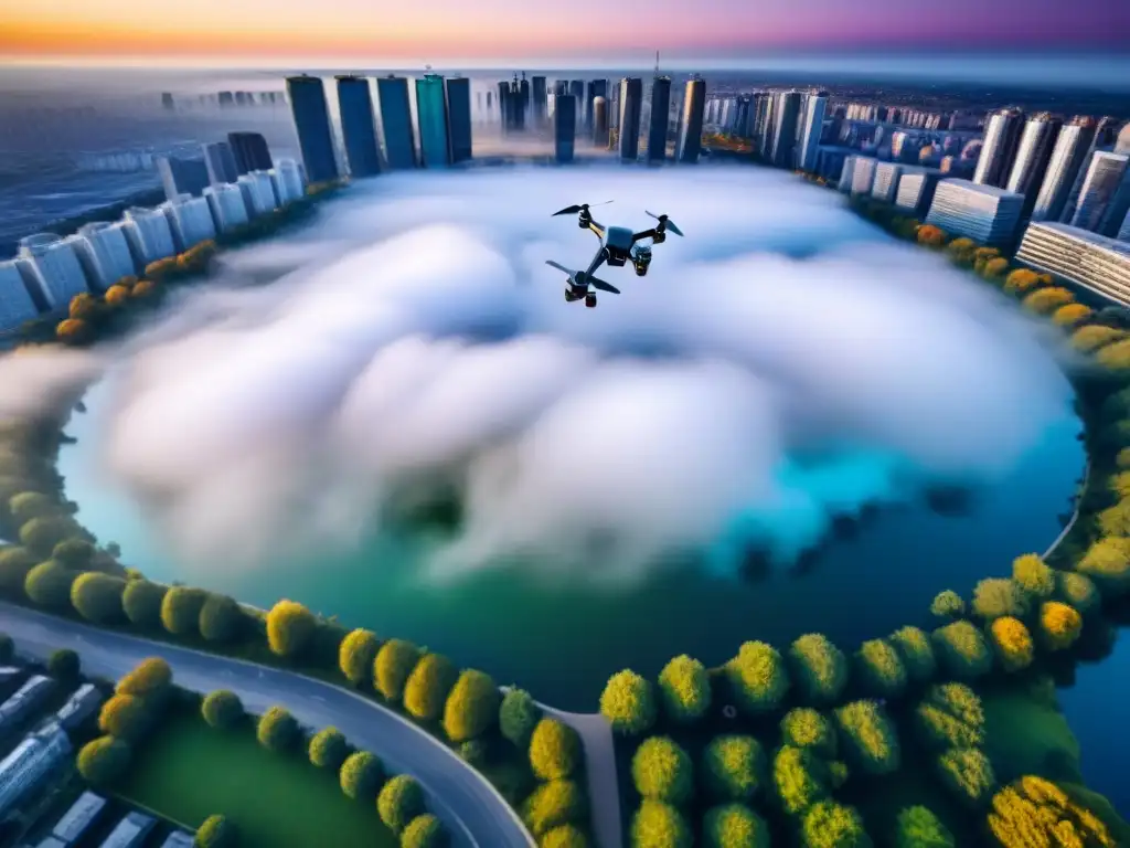 Vista aérea de la ciudad con dron sobre parque público, destacando regulaciones legales drones áreas pobladas