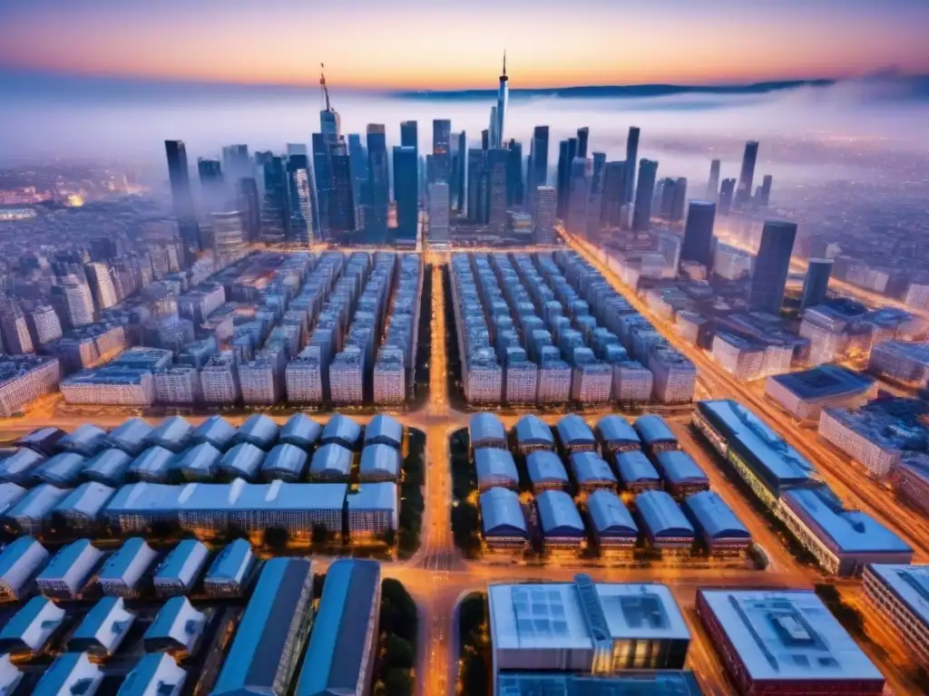 Vista aérea de ciudad con drones, destacando integración y necesidad de regulaciones legales en áreas pobladas