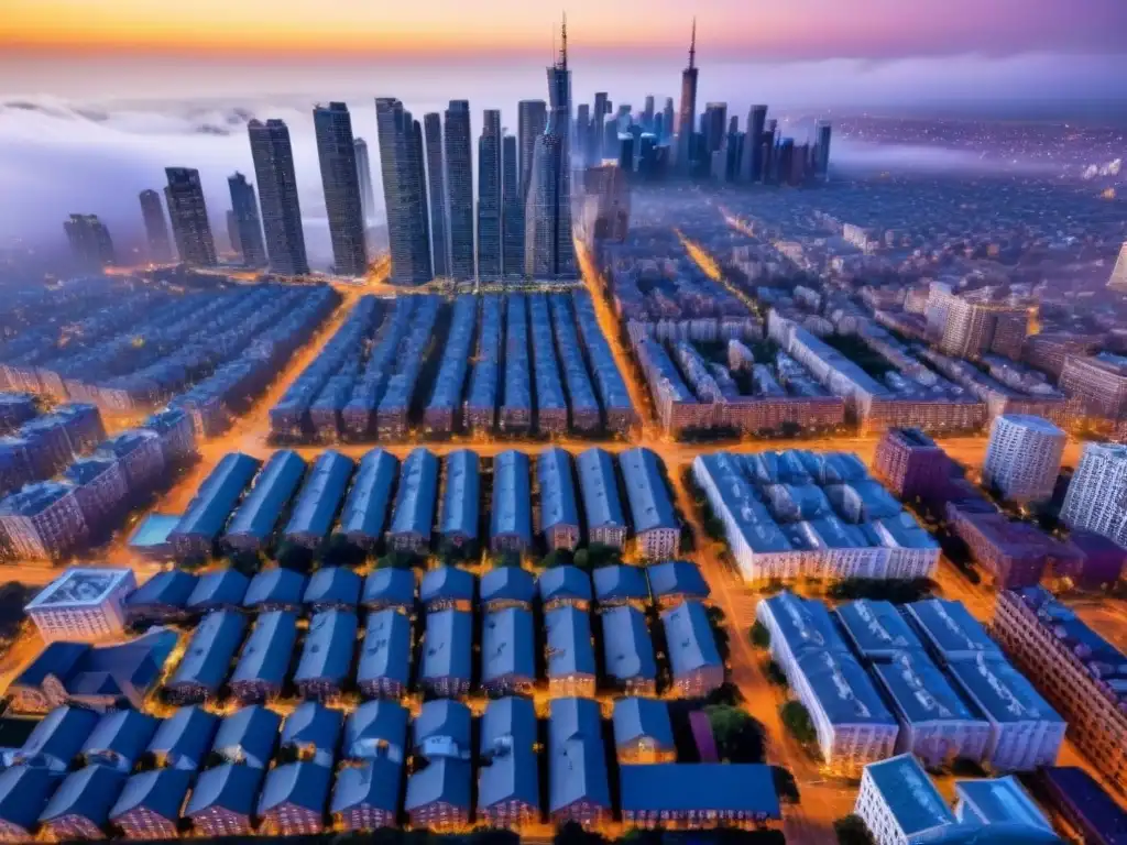 Vista aérea de una ciudad multicultural con arquitectura moderna e histórica