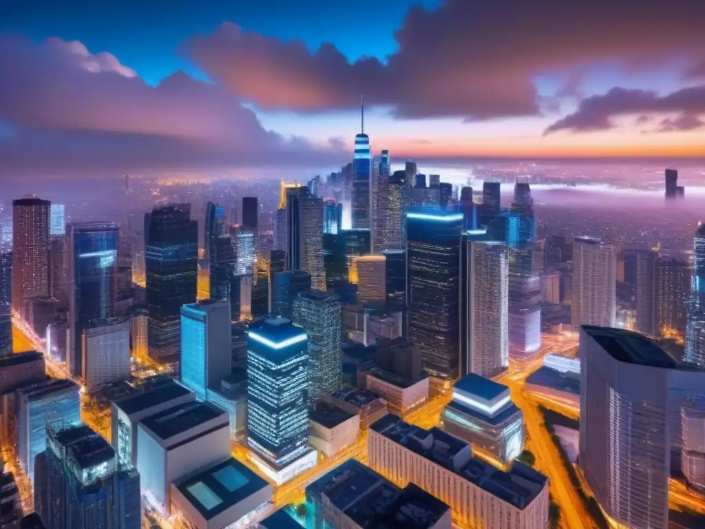 Vista aérea de una ciudad de noche con luces neón y redes de datos, simbolizando operaciones cibernéticas encubiertas normativas internacionales