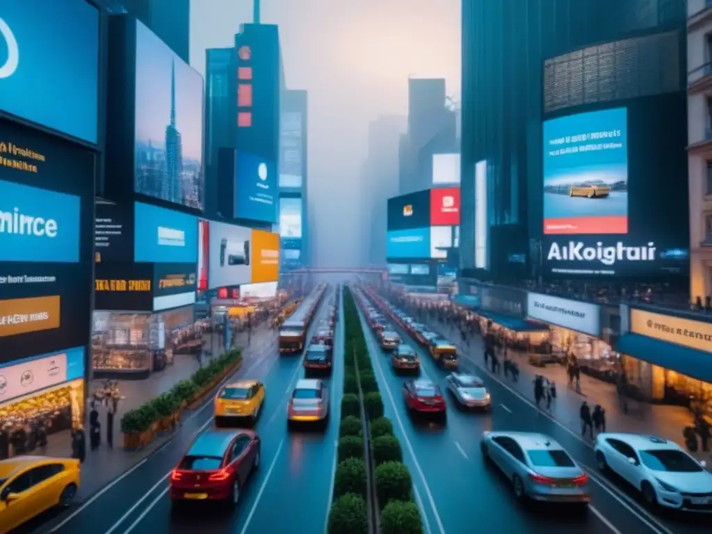 Vista aérea de la ciudad con pantallas digitales de comercio electrónico