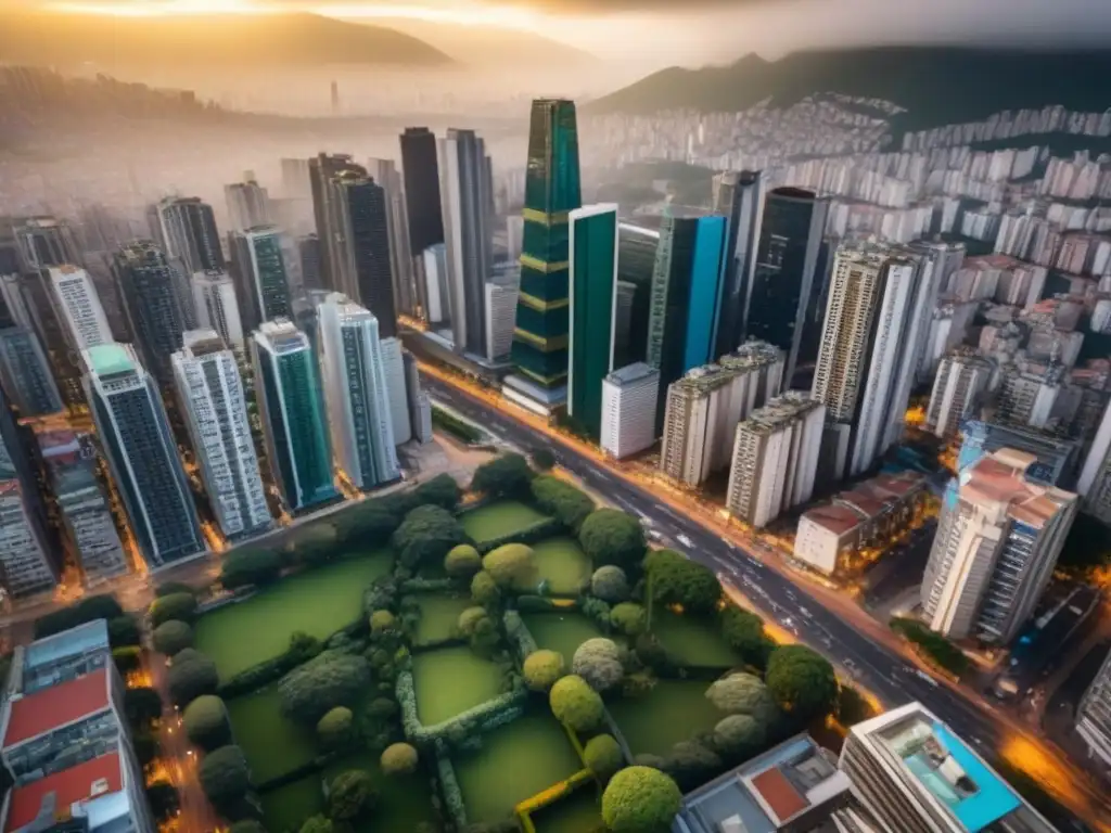 Skyline vibrante de América del Sur: fiscalidad urbana en evolución Vista aérea de ciudad sudamericana con desafíos en regulación fiscal, entre rascacielos y edificios históricos