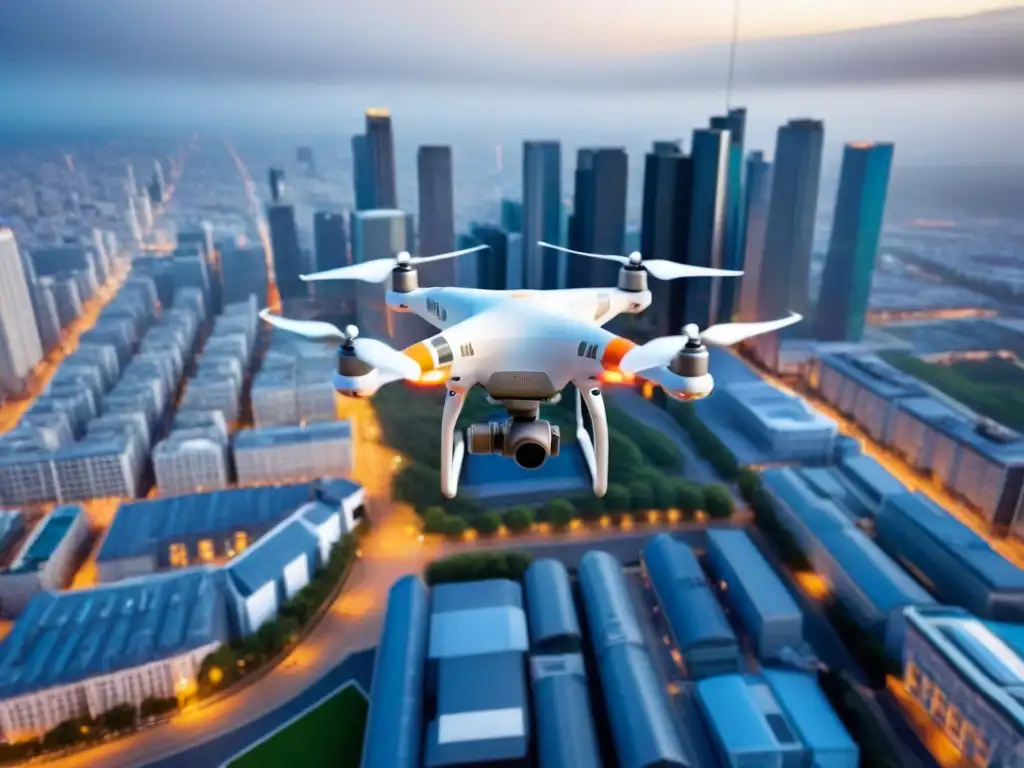 Vista aérea de ciudad vibrante con rascacielos y calles llenas, capturada por un dron