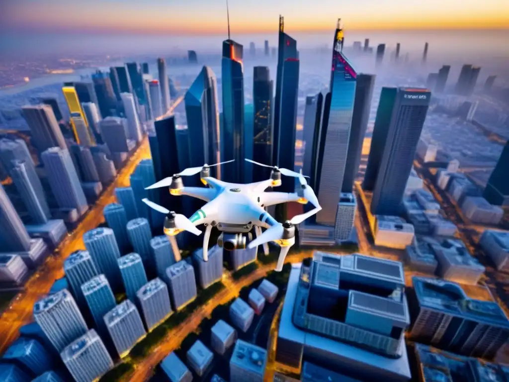 Vista aérea de drones vigilando regulaciones legales en áreas pobladas