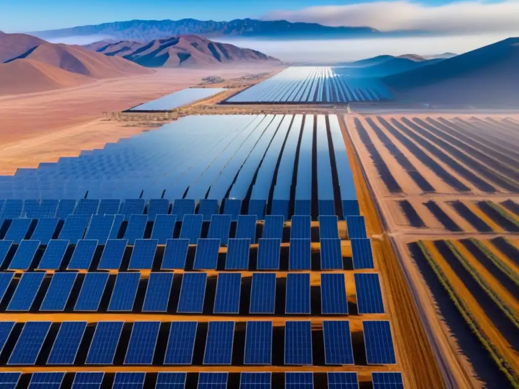 Solar farm reluciente en el desierto mexicano Vista aérea de granja solar en desierto mexicano, paneles solares relucientes crean un paisaje de luz y sombra
