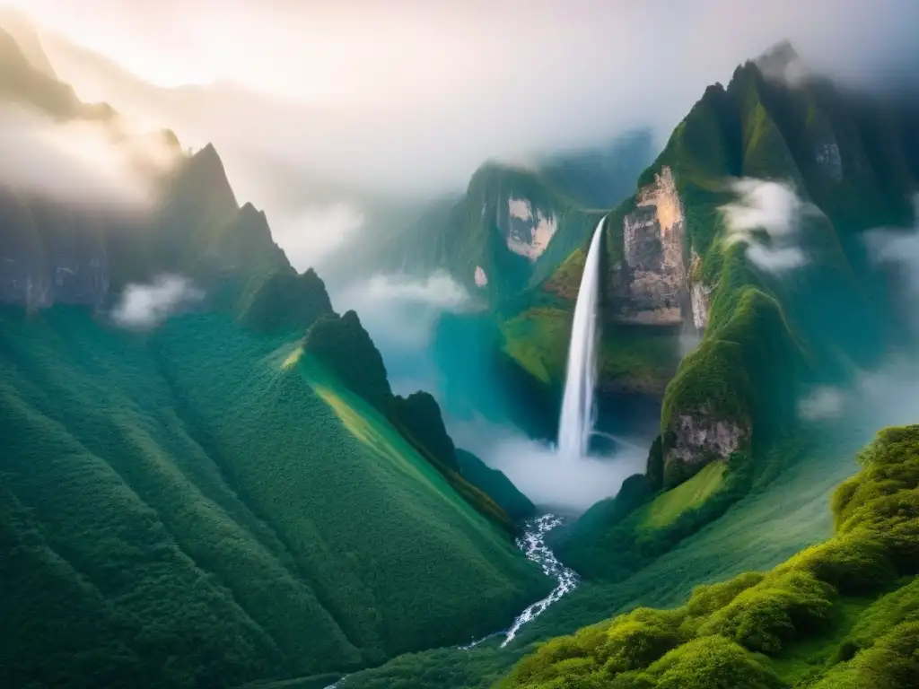 Vista aérea impactante de montañas verdes con cascadas, resaltando la importancia de conservar ecosistemas montañosos