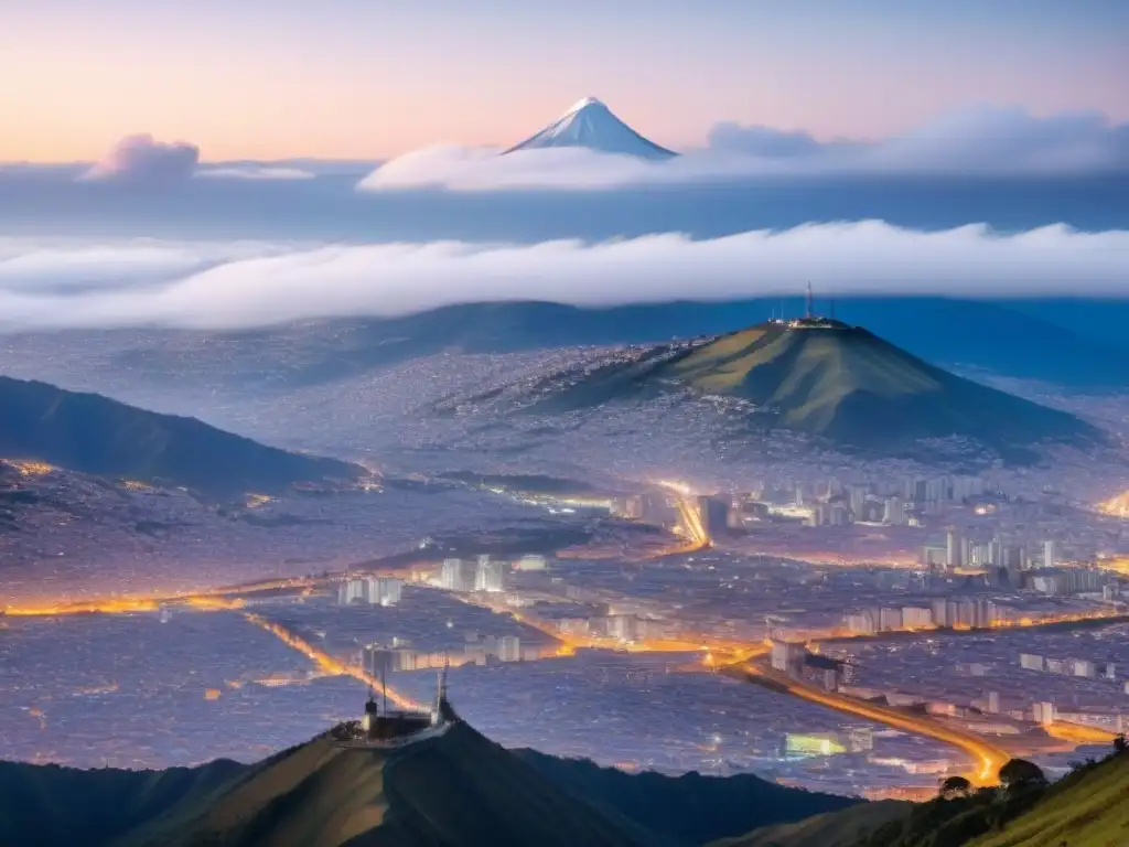 Vista aérea de Quito, Ecuador con torres y antenas telecomunicaciones, resaltando la infraestructura de conectividad en la región