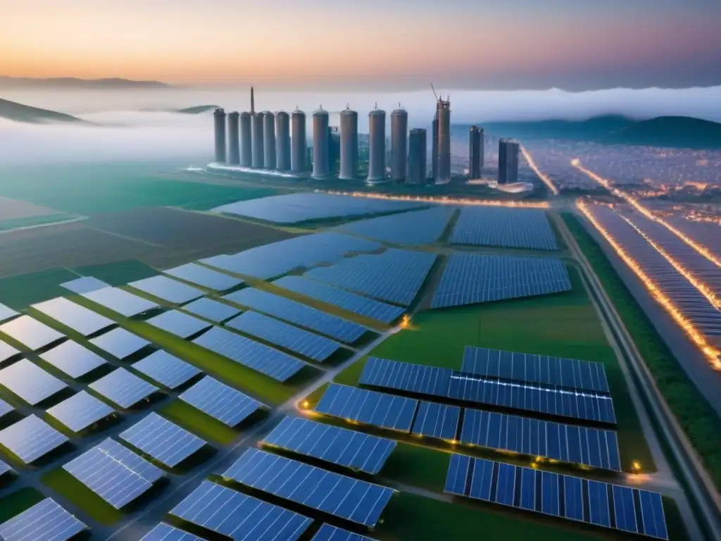 Cityscape sostenible en el Cono Sur: energías renovables y tecnología limpi Vista detallada de ciudad en Cono Sur con integración de tecnologías limpias: paneles solares, turbinas eólicas y vehículos eléctricos