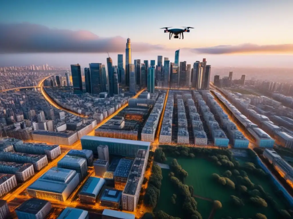 Vista detallada de drones sobre ciudad bulliciosa, destacando la necesidad de regulaciones legales en áreas pobladas