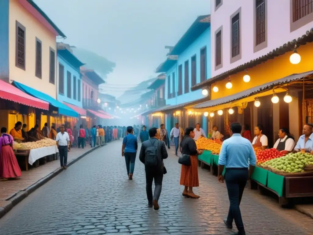 Calle colorida en ciudad sudamericana: vibrante cultura y economía local Vista panorámica de una animada calle en una ciudad sudamericana, reflejando el impacto de leyes impositivas en el turismo regional