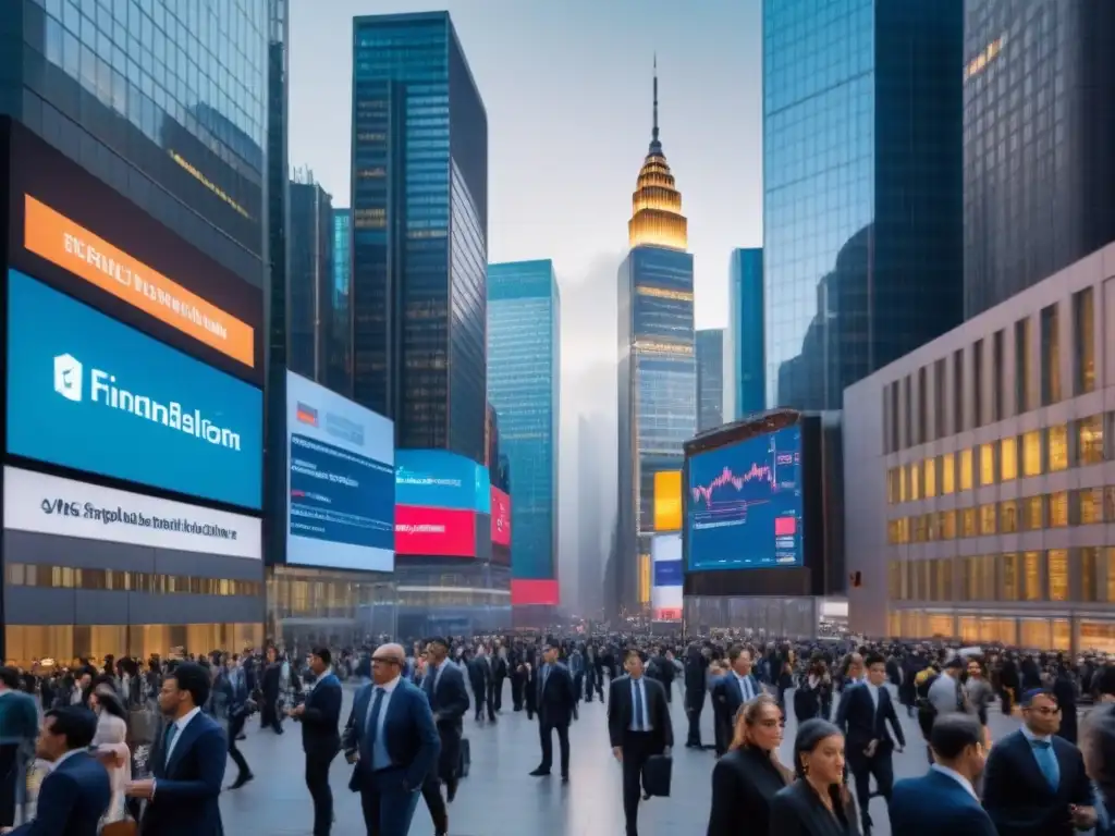 Distrito financiero global: escena documental de interconexión en 2021 Vista panorámica de distrito financiero global con rascacielos, ejecutivos y pantallas de datos bursátiles, reflejando regulaciones financieras globales 2021