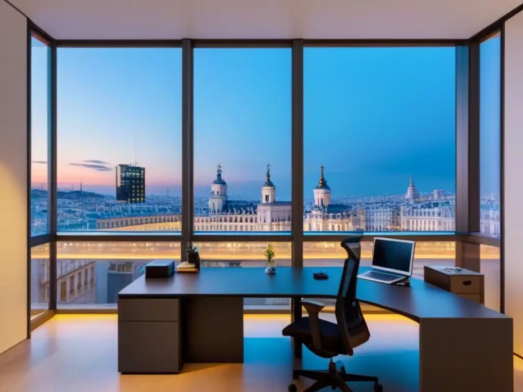 Oficina moderna en Madrid: luces de la ciudad al atardecer Vista panorámica de un edificio de oficinas moderno en Madrid al anochecer, fusionando trabajo tradicional y teletrabajo en España