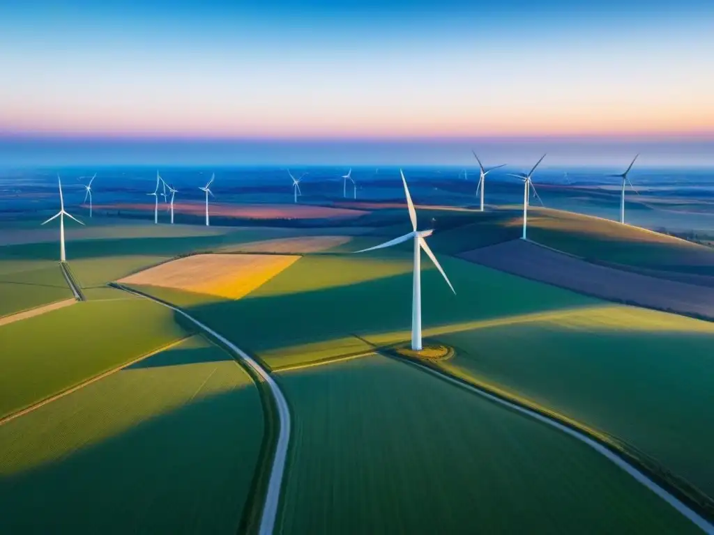 Vista panorámica de un extenso parque eólico en el Cono Sur, con molinos de viento y redes eléctricas, bajo un cielo azul