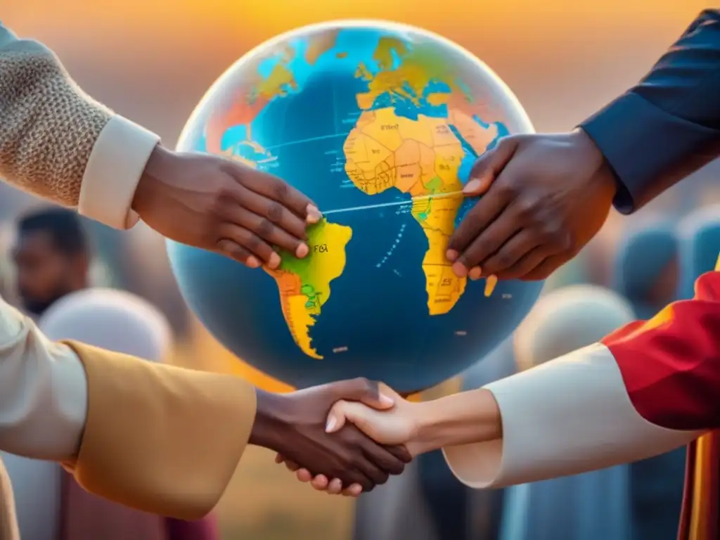 Unidad global: Consumidores de diferentes culturas protegiendo derechos Representación visual de la solidaridad y colaboración mundial en normativas internacionales protección consumidor
