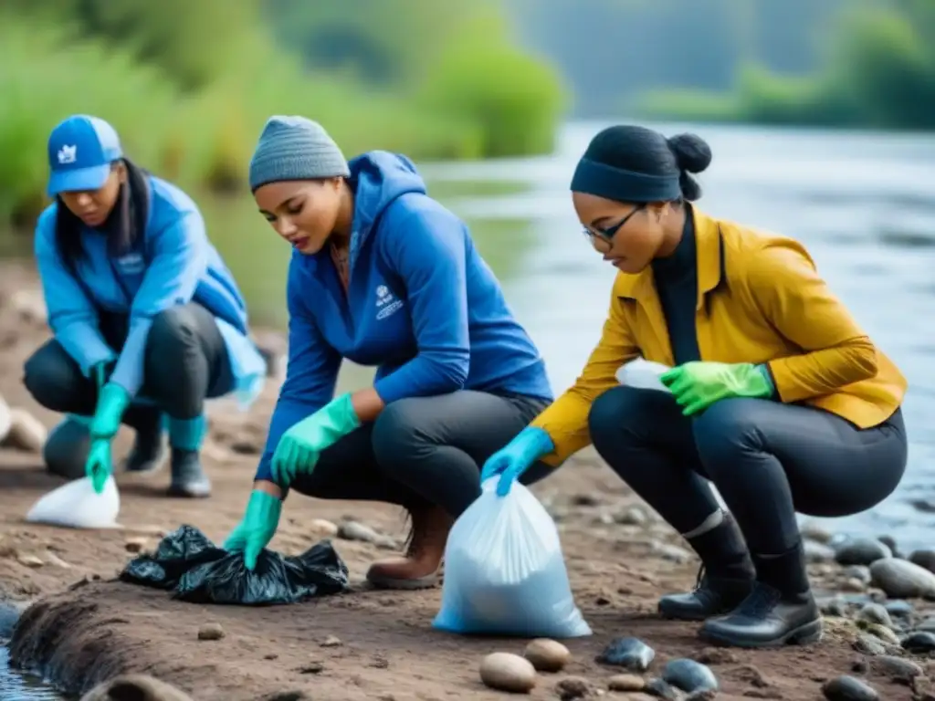 Voluntarios diversos limpian juntos una rivera contaminada, enfocados en conservación recursos hídricos ciudadana internacional