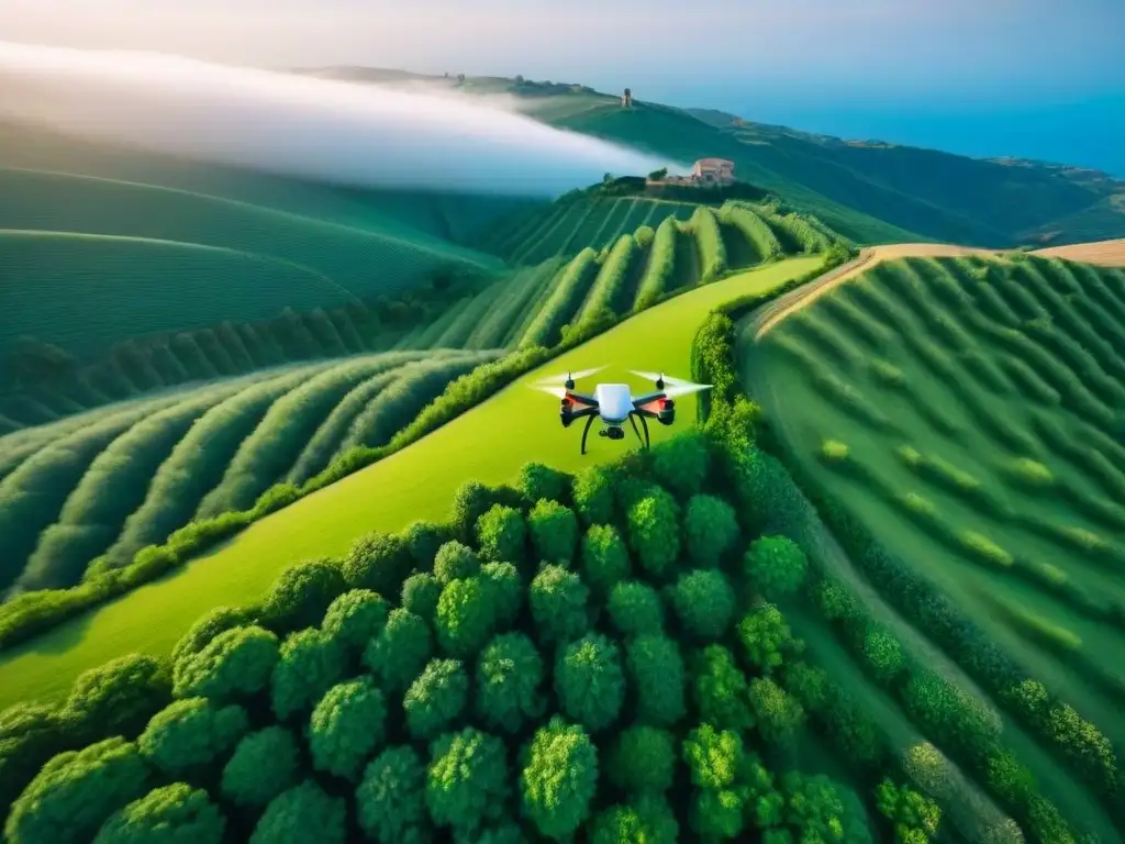 Vuelo de dron sobre paisaje español, colinas verdes, cielo azul